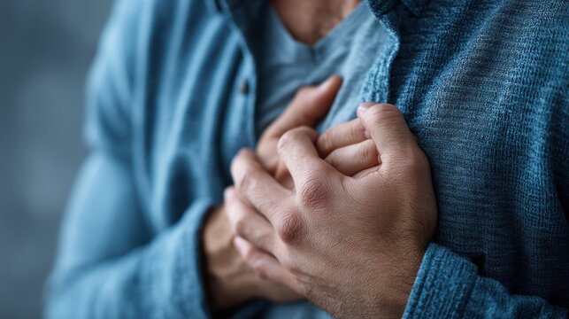 Close-up of a man clutching his chest with both hands in pain, commercial medical concept of heart attack, chest pain, acute illness or emotional distress.