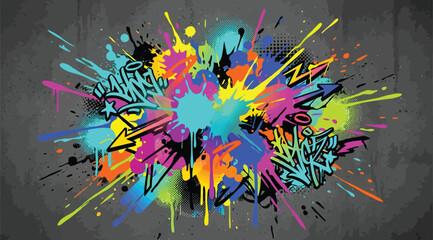 Graffiti style colorful paint splash with arrows on dark background © Saharia