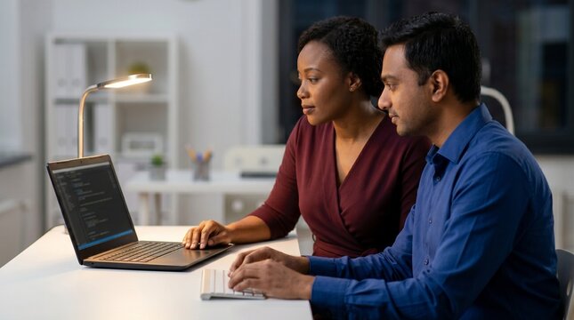 Diverse software developers coding together on a laptop in a modern office at night.
