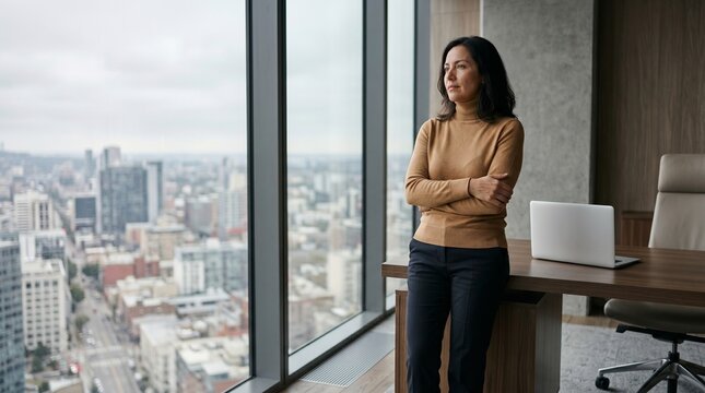 Confident businesswoman looking out office window at city.