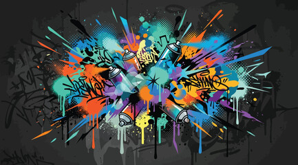 Vibrant graffiti art explosion with colorful spray paint cans and artistic splatters on a dark background © Saharia