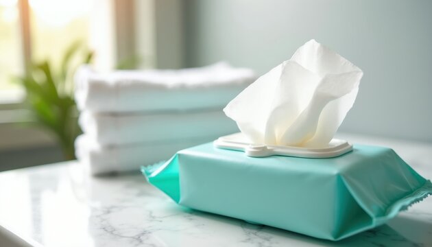 Open pack of baby wipes rests on a clean marble surface next to stacked white towels. A plant and window with sunlight are blurred in background. This shows a tidy, hygienic domestic scene.