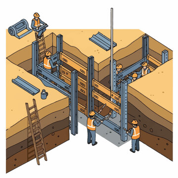 Construction workers installing trench box safety system for excavation safety.