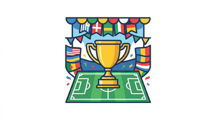 Golden Trophy on Soccer Field with Flags. © Var