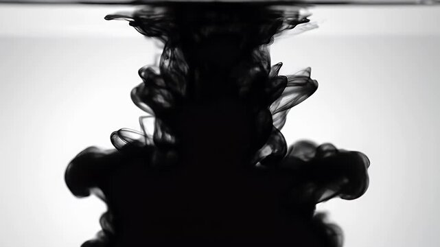 A captivating slow-motion shot of black ink diffusing into clear water, creating intricate, swirling abstract patterns against a clean white backdrop.