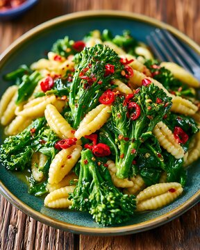 Italian cavatelli pasta with broccoli rabe and spicy chili flakes