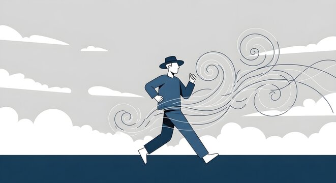 Man in hat struggling against strong wind and stormy weather, concept of adversity and perseverance