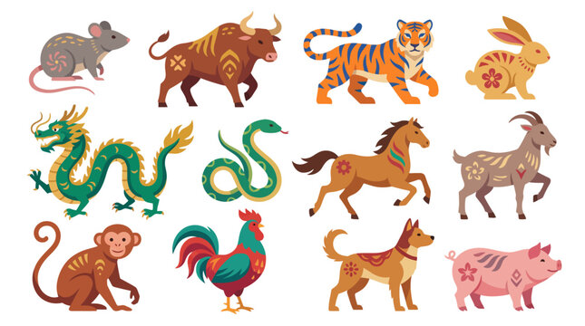 A collection of the twelve Chinese zodiac animals, including rat, ox, tiger, rabbit, dragon, snake, horse, goat, monkey, rooster, dog, and pig, depicted in a colorful, stylized illustration.