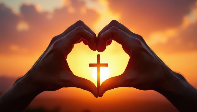 Hands form heart shape around Christian cross at sunset. Sun rays shine through symbol of faith, love, and hope. Divine light symbolizes spiritual peace and devotion.