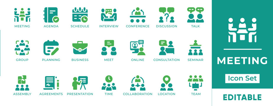 Boardroom Meeting Conference Seminar Presentation Icon Set - editable vectors for panel discussion, corporate consultation, and assembly.