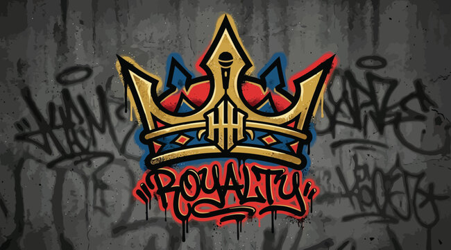 Graffiti style logo featuring a golden crown with a microphone icon, set against a dark textured brick wall background