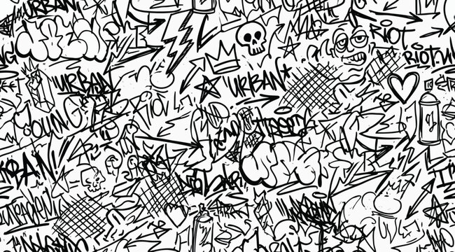 Seamless pattern of black and white graffiti tags, sketches, and urban street art elements on a