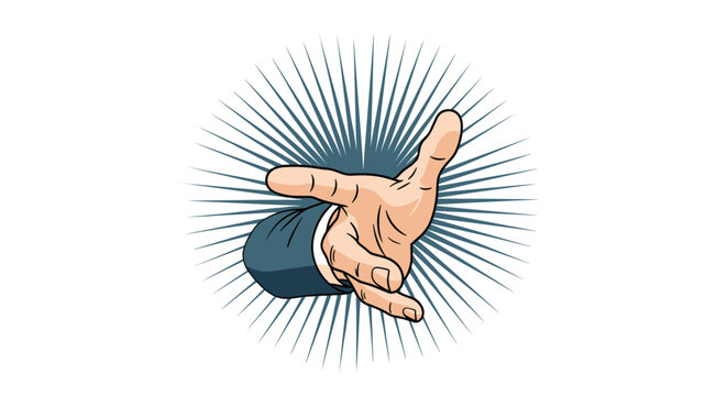 Close-up of a hand in a suit sleeve reaching forward with fingers spread out against a radial sunburst background in comic book style.