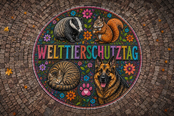 Obraz premium Celebrating World Animal Day with Adorable Critters and Floral Decorations in a Festive Circular Design