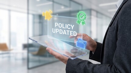Obraz premium Corporate Compliance and Policy Update Concept: Professional Holding Transparent Tablet with Holographic Notification and Document Icons