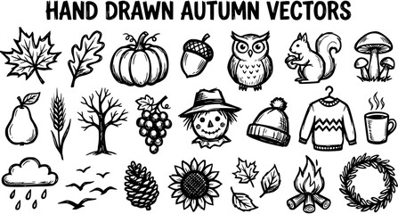 Hand-Drawn Black and White Line Art Autumn Fall Season Vector Icons Set. Sketchy Collection of Nature, Harvest, and Cozy Elements. © victoria