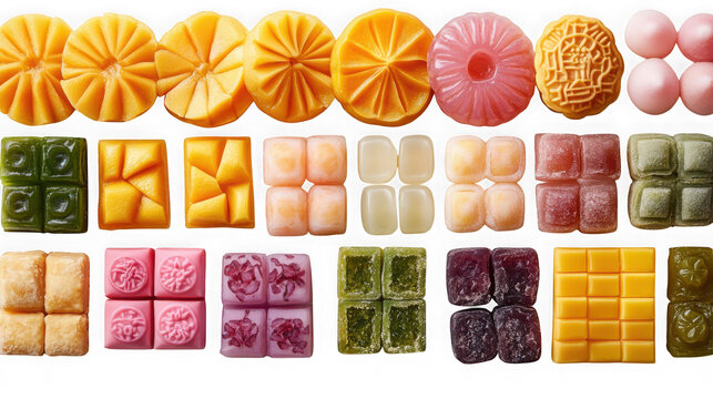 Set of colorful traditional chinese mooncakes and assorted desserts isolated on transparent background