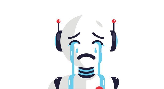 Close up of a white robot face with a sad expression and blue digital tears flowing down from its eyes against a white background.