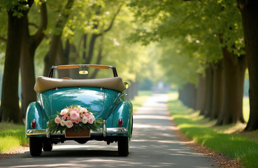 Fototapeta premium Vintage turquoise convertible car adorned with roses drives on tree-lined country road. Floral arrangement on rear bumper suggests celebration or wedding journey. Warm sunny day, idyllic scenery.