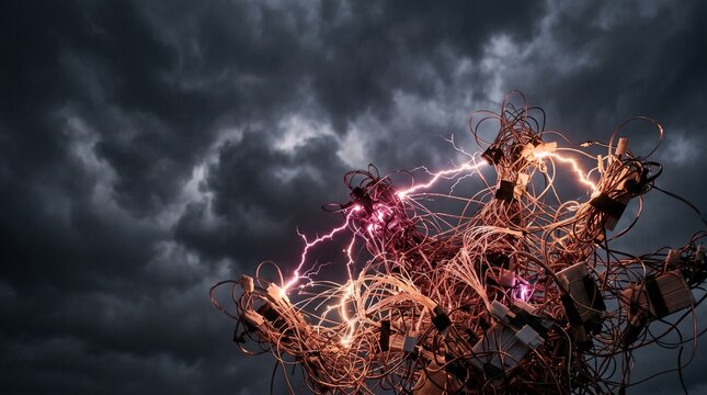 Electrical short circuit in tangled cables with sparks against stormy sky