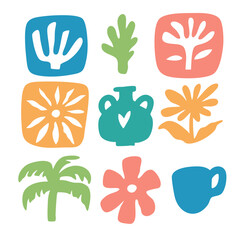 Fototapeta premium Colorful floral and botanical icons set with vase palm cup and flowers