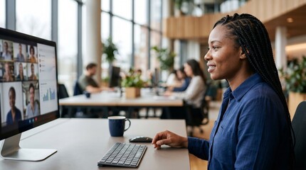 Fototapeta premium Black businesswoman on a video call with diverse team in modern office.