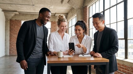 Fototapeta premium Diverse business team laughing while looking at a smartphone in a modern loft office.