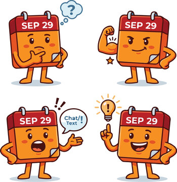 September 29th calendar character set, paper tear-off calendar mascot collection, date personification illustration, organizer mascot in different poses, thinking flexing talking idea calendar icons, 