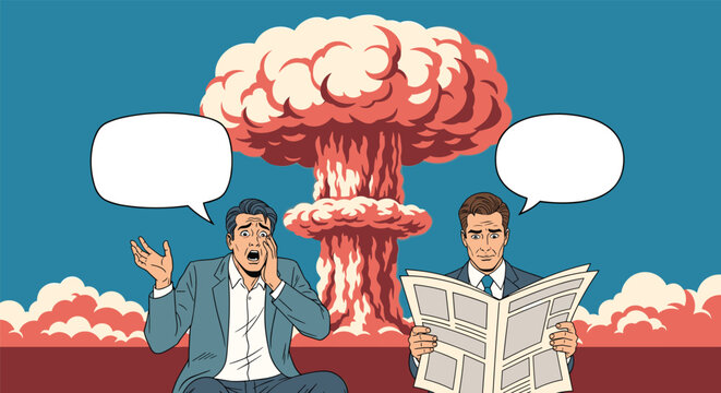 two businessmen reacting with shock and indifference to a massive nuclear mushroom cloud explosion occurring in the distant horizon.