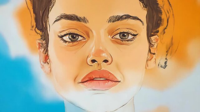 A woman is painted in four sections with different colors and expressions. Each section shows changes in light and tone. The focus is on the woman's face and features