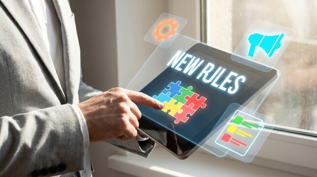 Corporate Strategy and Compliance Concept: Professional Interacting with Holographic New Rules and Business Process Interface