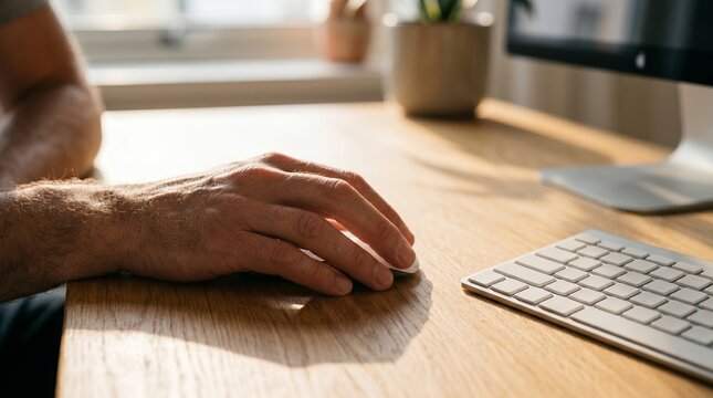 Man using computer mouse working at desk in a bright office.
