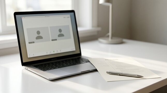 Remote job interview on laptop with resume on modern office desk.