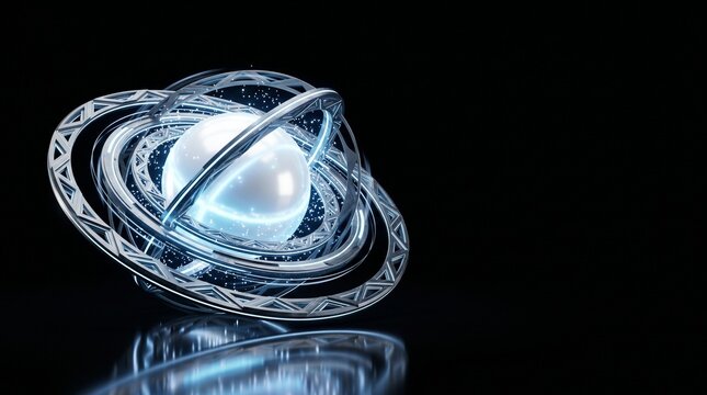 Futuristic gyroscope with glowing orb for technology and science concept