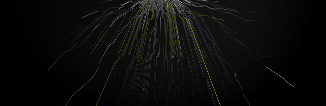 Dark black circuit board with yellow green glowing pathway radiating downward from top center on pure black background for dramatic tech and AI concept