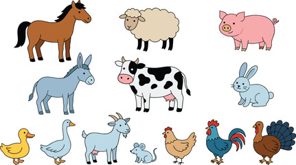 Fototapeta premium Cute Farm Animal Vector Collection with Horse, Sheep, Pig, Cow, Rabbit, Goat, Duck, Goose, Rooster, Turkey, and Mouse