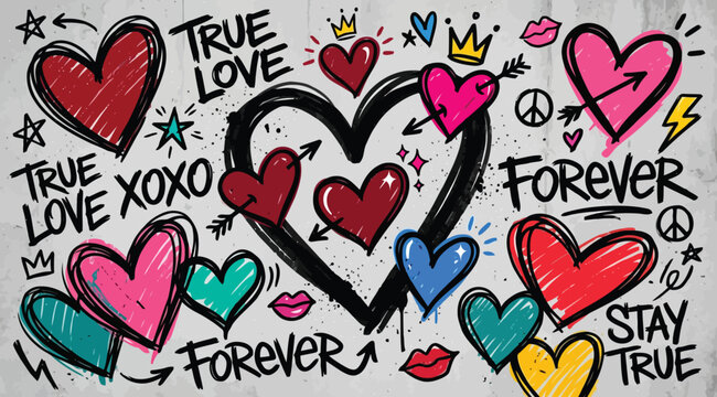 Graffiti style background with red, pink, and blue hearts, handdrawn elements, and text like true love and forever