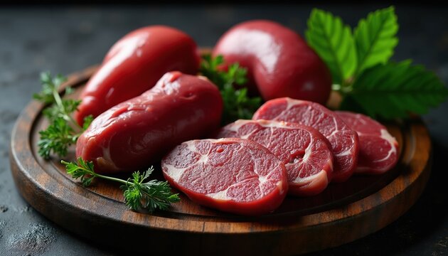 Raw animal organs including heart liver and kidney served on wooden plate with parsley garnish. Sliced steaks displayed alongside whole organ meats for cooking.