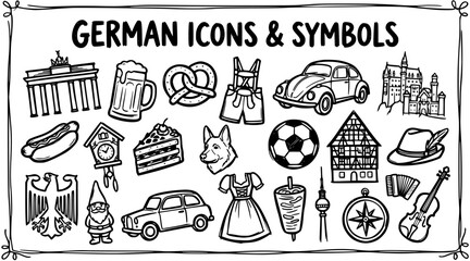 German Icons and Symbols Vector Art: Landmark, Beer, Pretzel, Car, Castle, Hot Dog, Clock, Cake, Dog, Soccer, House, Hat, Eagle, Gnome, Dress, Food, Tower, Compass, Violin, Accordion © victoria