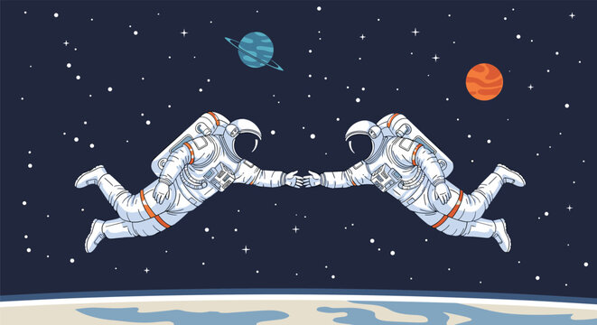 Two astronauts in full space suits floating in zero gravity and reaching to hold hands in the vast cosmos above the planet earth.