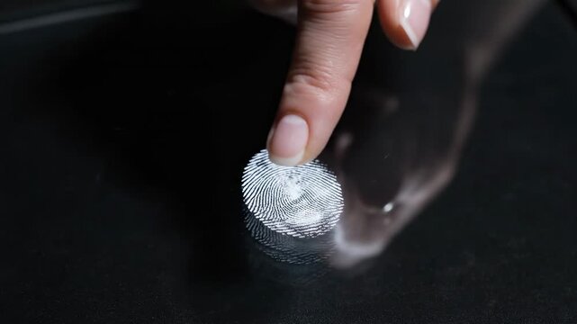Close-up of a human finger touching a smooth surface, revealing a fingerprint pattern as the action progresses across three sequential frames in a dark setting