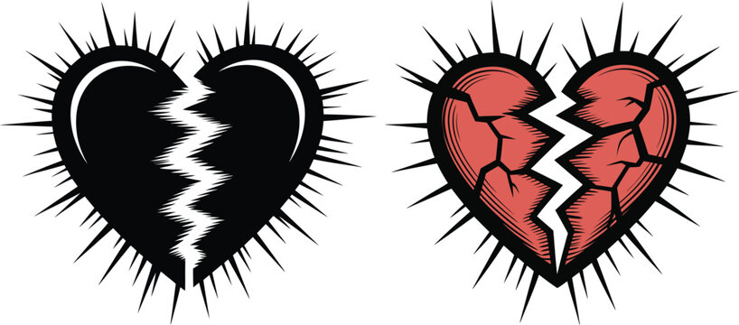 Two broken hearts with spiky edges one black and white one colored broken heart heartbreak relationship illustration distress valentine symbolism