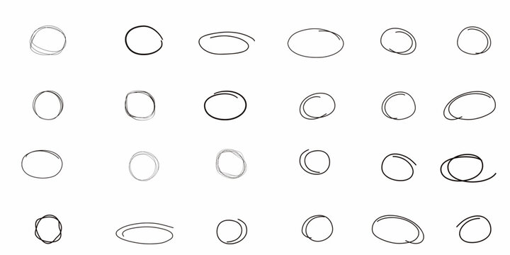 Hand Drawn Pen Circle Line Art Set &ndash; Imperfect Marker Scribble Ovals, Sketch Round Highlighters, Pencil Ring Framework, and Abstract Curve Graphics for Document Markup