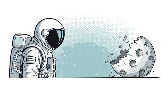 Surreal space illustration featuring a lone astronaut observing a mysterious planet that has cracked open like a giant celestial egg.