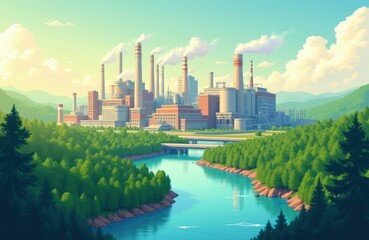 Fototapeta premium Industrial factory complex sits beside wide river bordered by green forest. Tall chimneys emit white smoke under bright sunny sky. Modern city skyline merges with nature.
