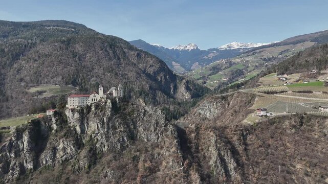 Cinematic Pull-Back Drone Shot of S&auml;ben Abbey from the North, South Tyrol