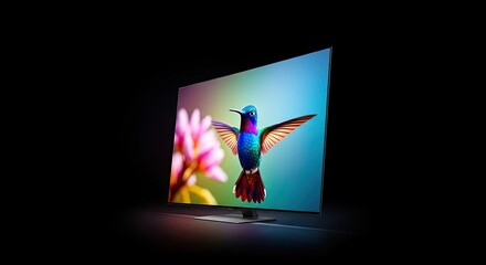 Fototapeta premium A vibrant hummingbird with iridescent feathers and a long, slender beak is captured in mid-flight against a backdrop of lush green foliage and delicate pink flowers.