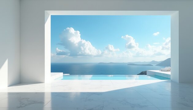 Minimalist white interior with infinity pool overlooks blue ocean sea. Sunny day with clouds sky over distant islands. Modern luxury villa with clean design and airy space.