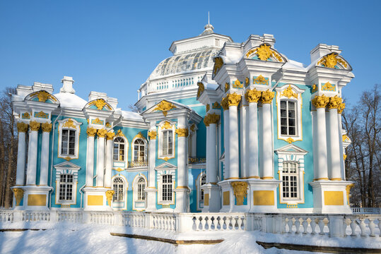 PUSHKIN, RUSSIA - FEBRUARY 21, 2023: Hermitage Pavilion on a winter day. Catherine Park, Tsarskoye Selo (Saint Petersburg)