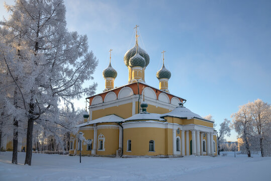 The ancient Transfiguration Cathedral on a frosty winter morning. Uglich, Yaroslavl region, Russia